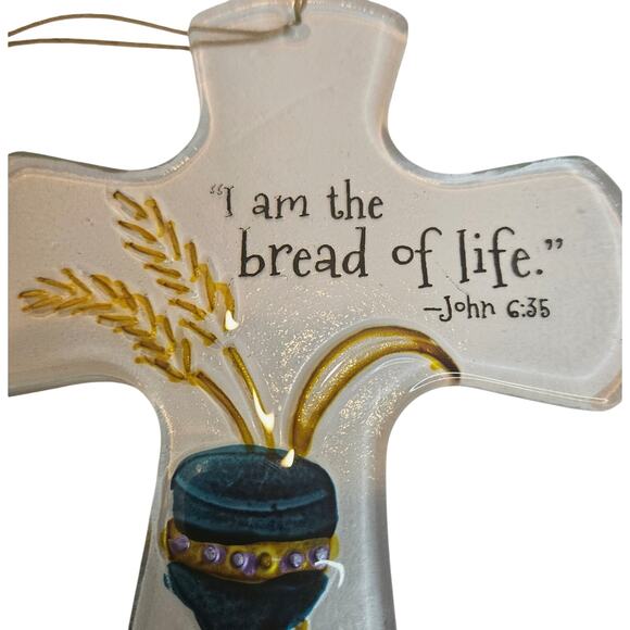 Glass Cross 7"x5" Chalice, grapes wheat Inscibed "I am the bread of Life."  John - Picture 4 of 6